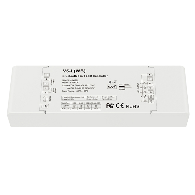 V5-L(WB) 12-48VDC 5CH*6A Bluetooth & RF Tuya Push Dimming 5 in1 LED Controller V5-L(WB) 12-48VDC 5CH*6A Bluetooth & RF Tuya Push Dimming 5 in1 LED Controller
